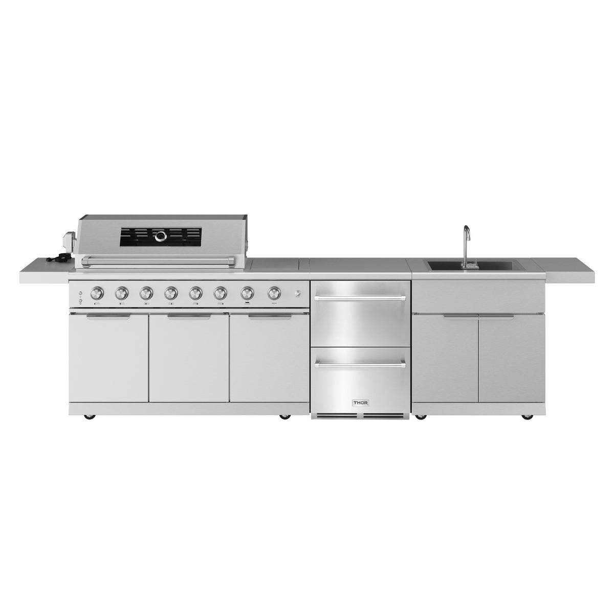 Thor stainless steel 10 ft outdoor kitchen island with built-in 24-inch refrigerator drawers