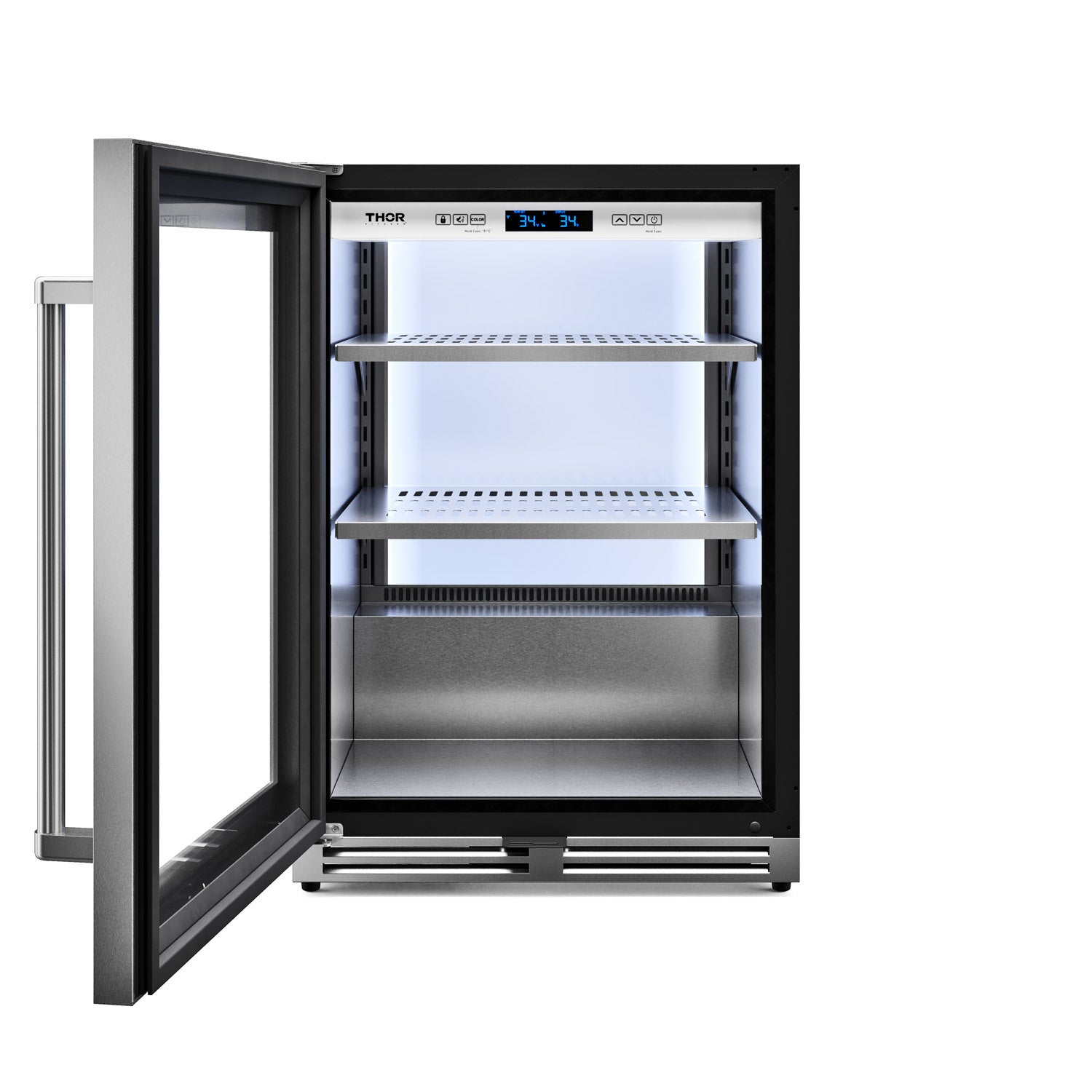 Undercounter beverage cooler with open door and visible hinge side, stainless frame and shelves.