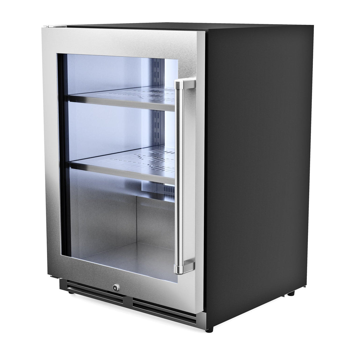 Stainless steel under-counter cooler with open door and interior shelves