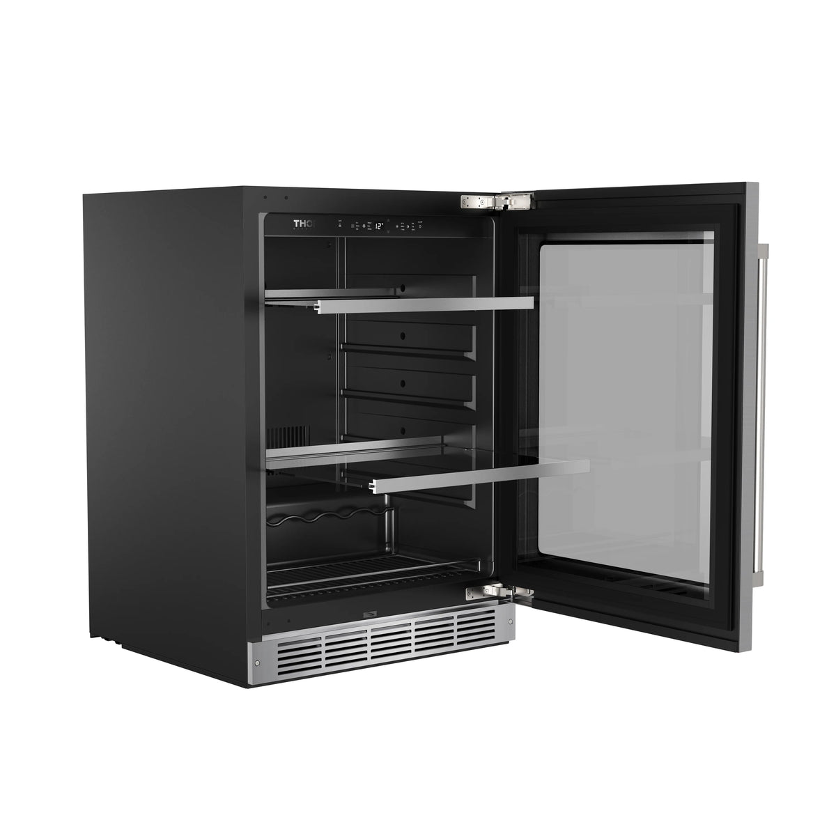 Undercounter beverage cooler with open door, glass front, adjustable shelves