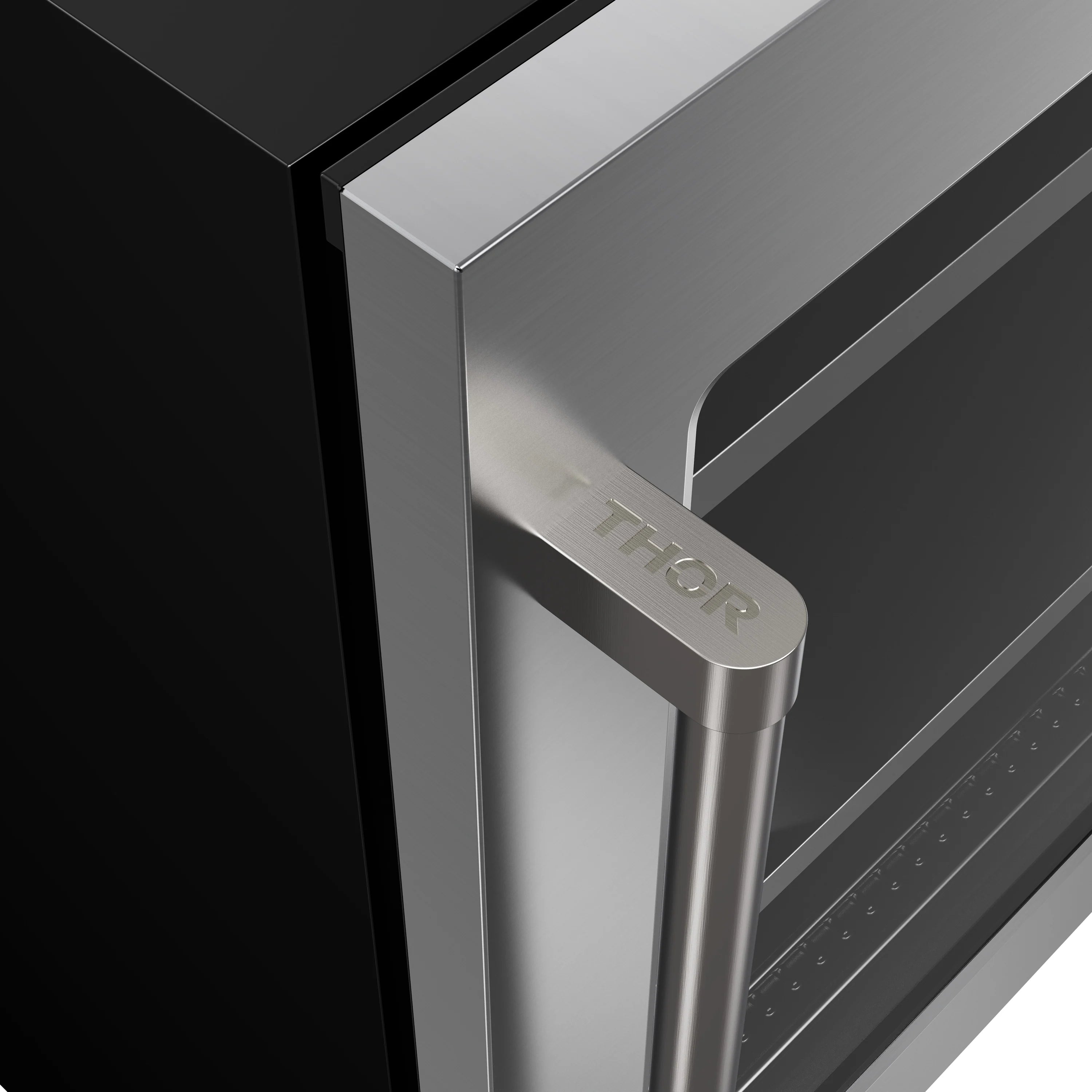 Stainless beverage cooler door handle with THOR branding