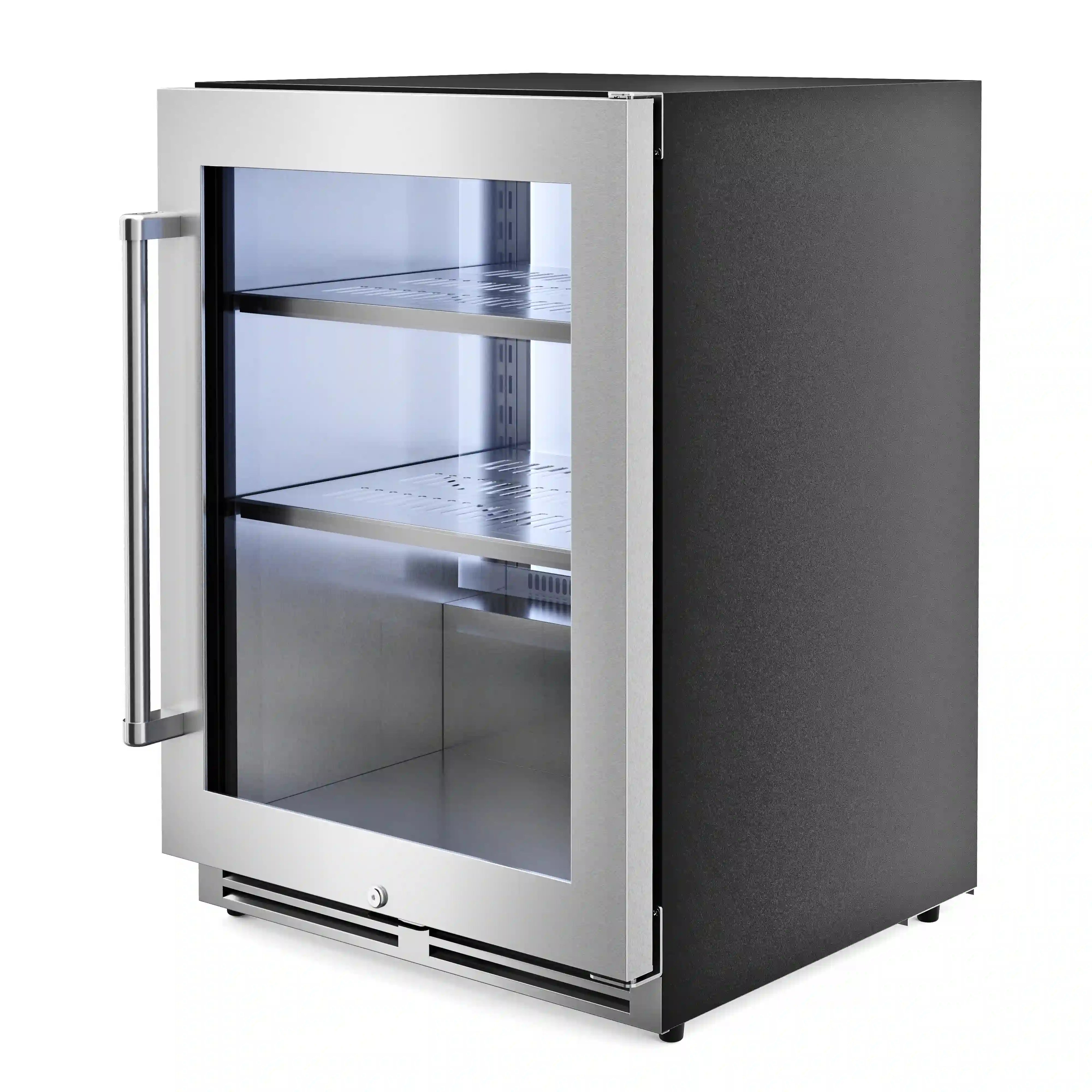 Stainless beverage cooler with right-hinged glass door, front shelving visible