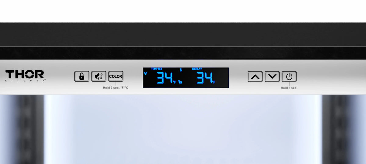 Thor beverage cooler control display showing 34°F and 34°F temperature settings