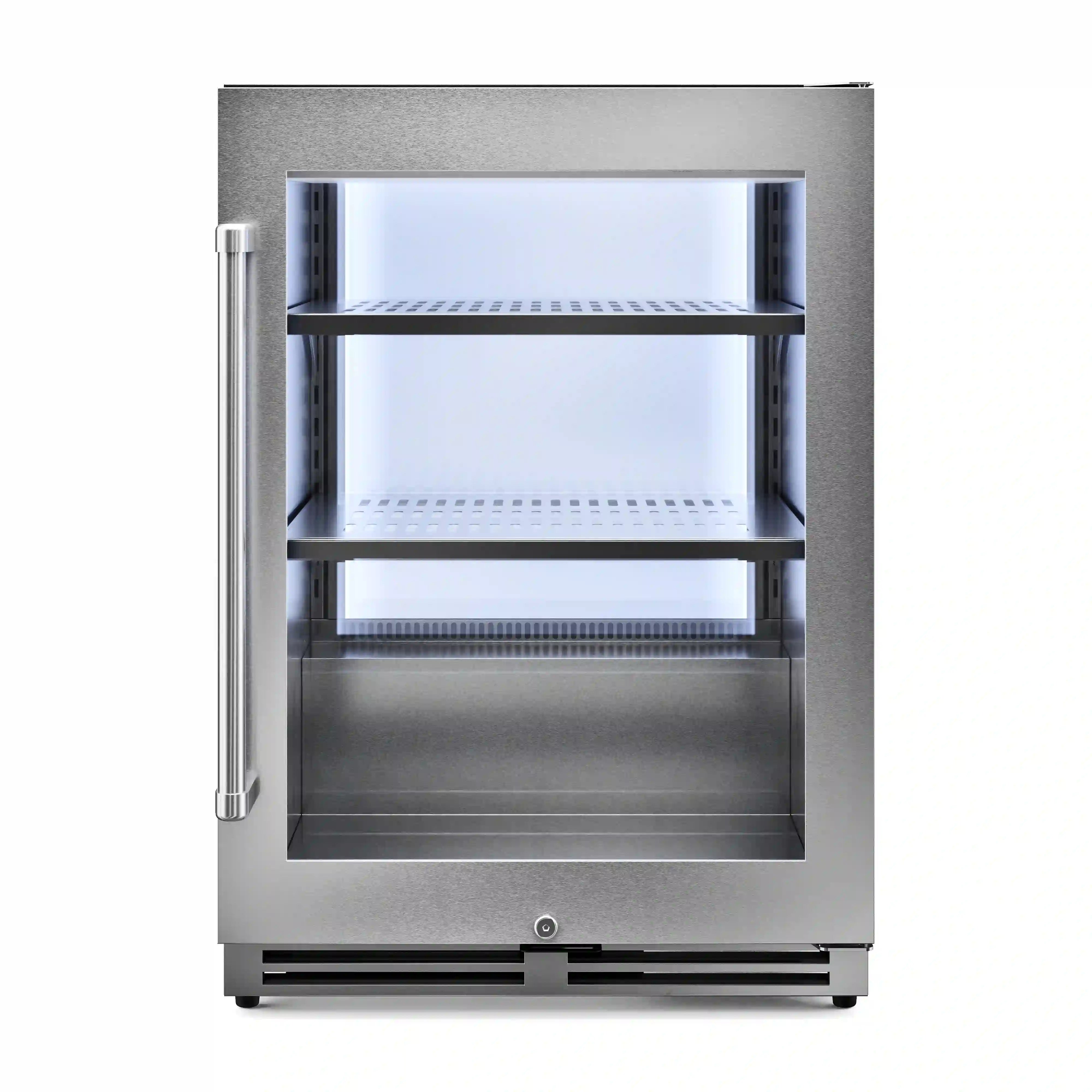 Stainless beverage cooler interior with glass shelves and built-in lighting