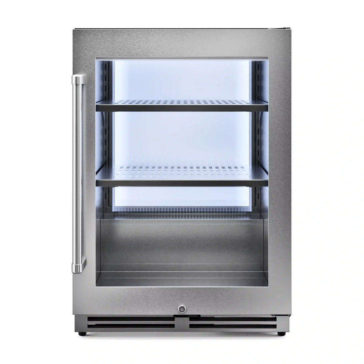 Stainless steel cooler with open door and three interior shelves