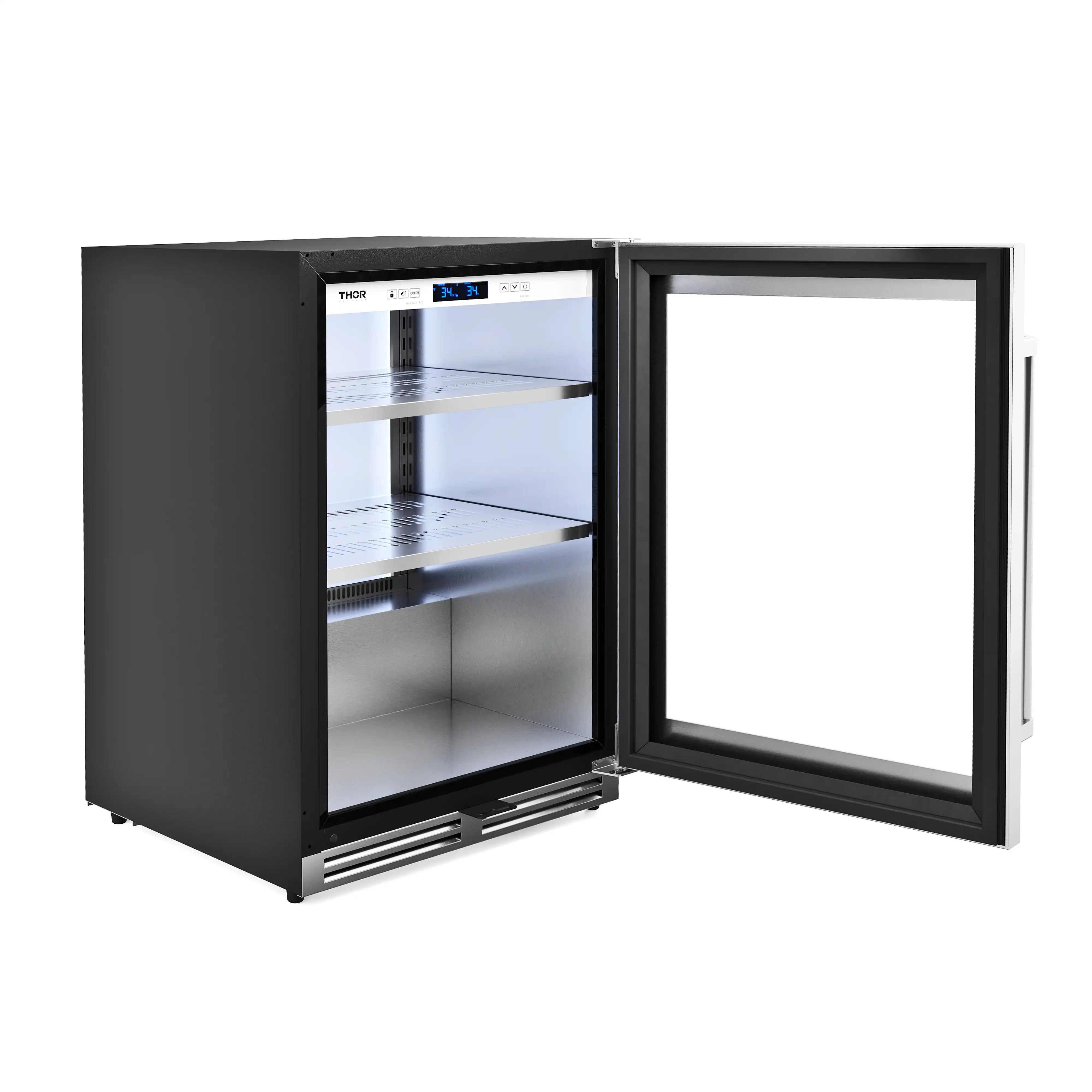 Undercounter beverage cooler with open right-hinge glass door, showing interior shelves