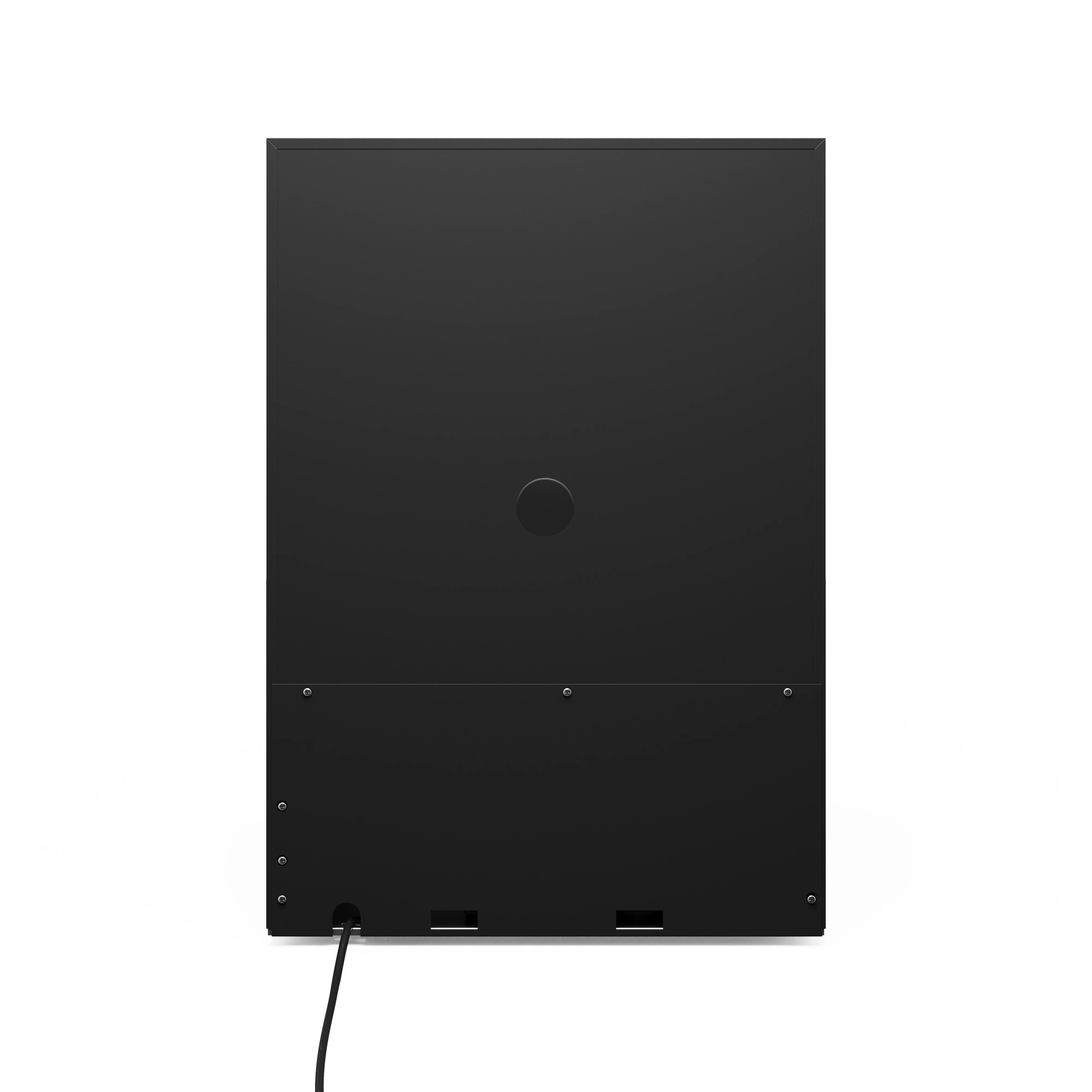 Back panel of a stainless beverage cooler with power cord and mounting feet
