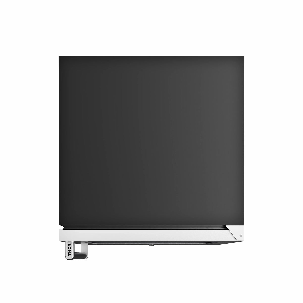 Under-counter beverage cooler rear panel in black with base feet and side handle