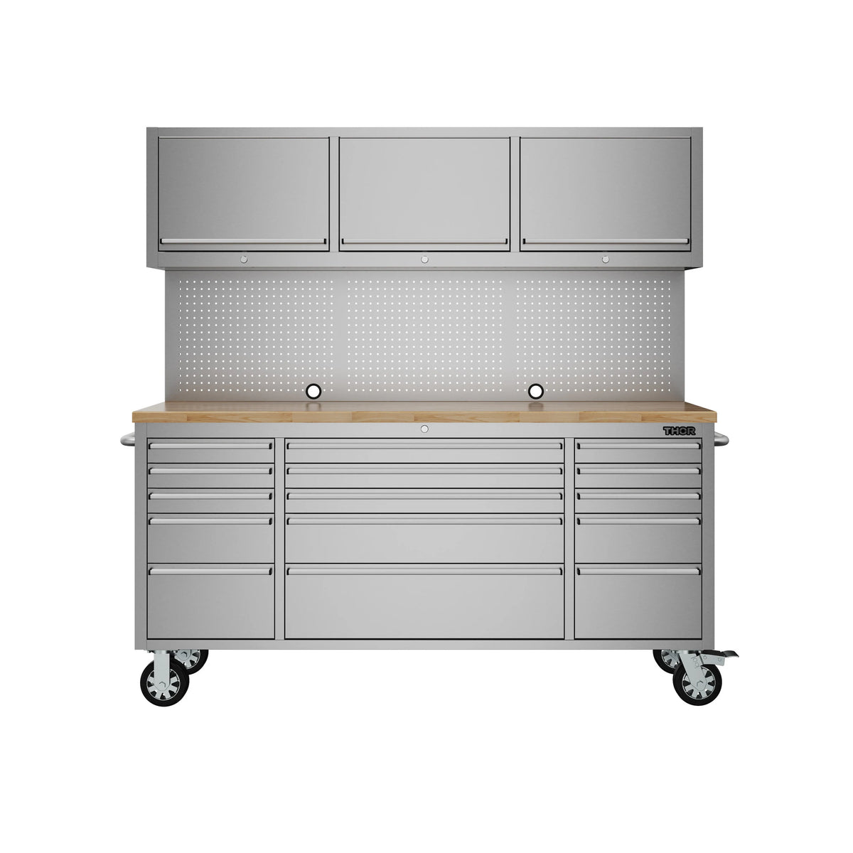 Grey mobile tool workbench with wood top, upper doors, and multiple drawer rows