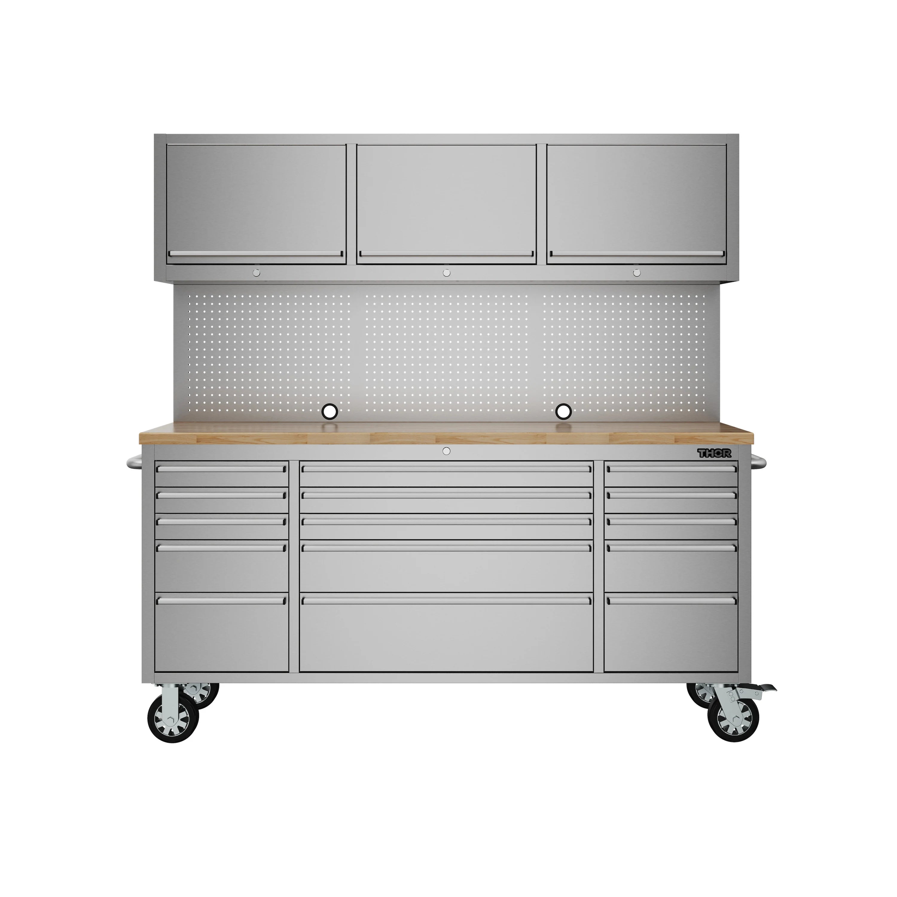 Gray mobile tool workbench with 15 drawers, upper cabinet storage, and casters
