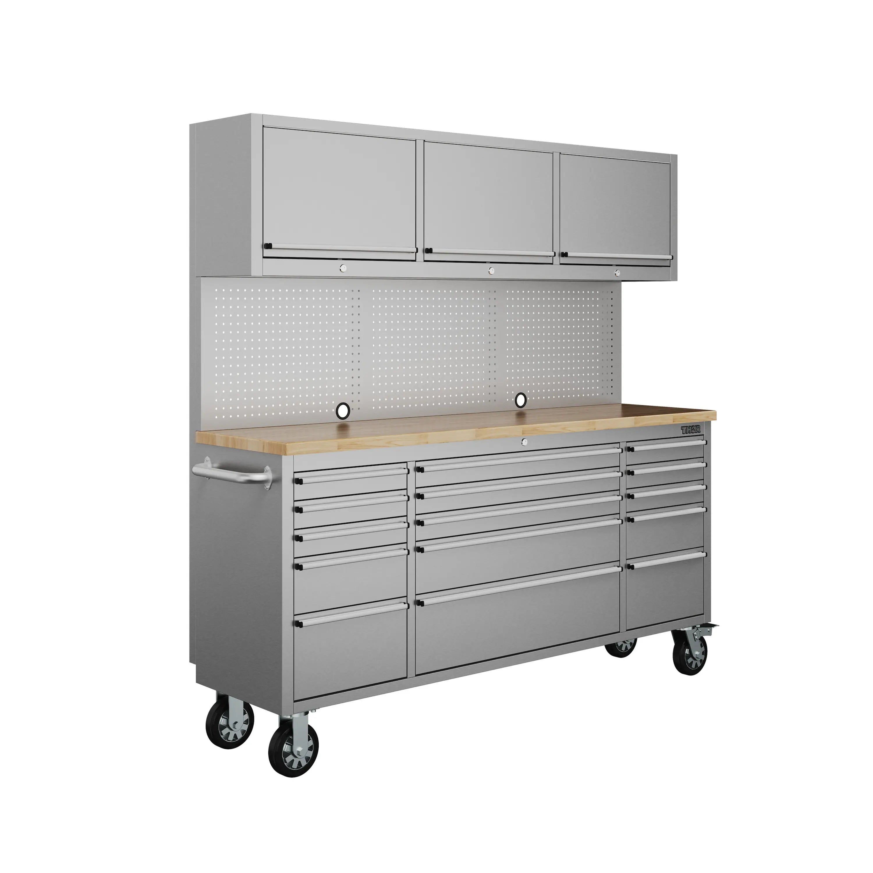 Gray mobile tool workbench with wood top, lower drawer bank, and upper cabinet storage