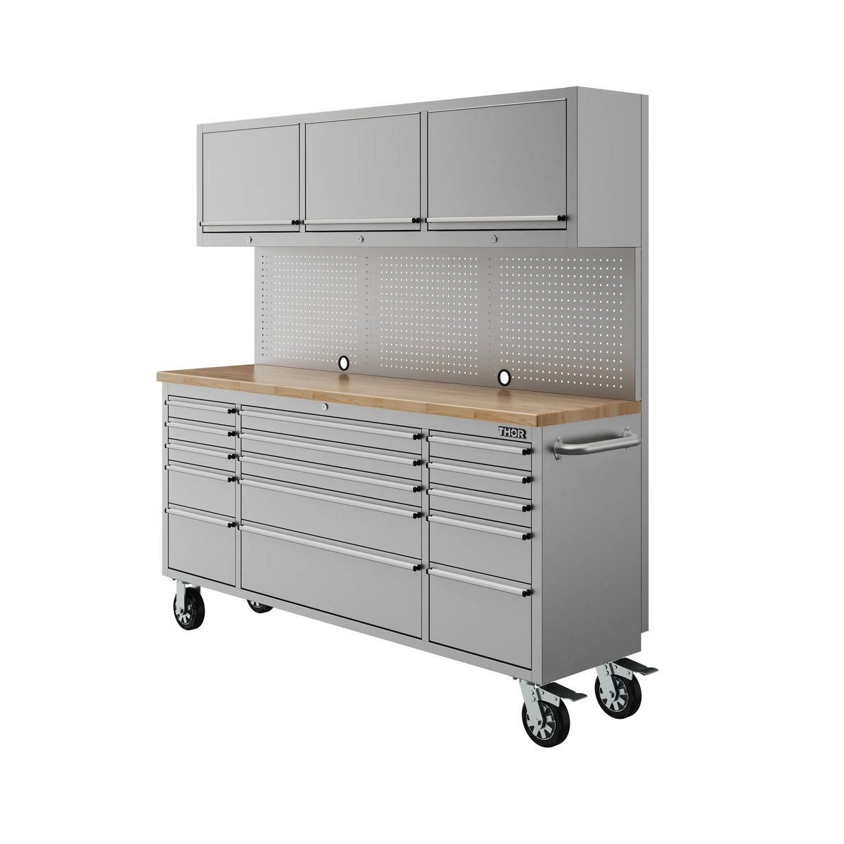 Gray rolling tool cabinet with wood top, perforated panel, and multi-drawer storage