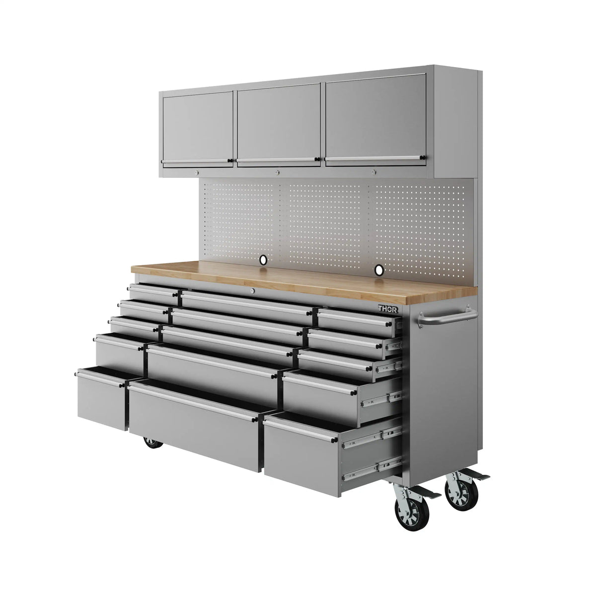 Gray rolling tool cabinet with wood work surface, drawer banks, and upper storage cabinets