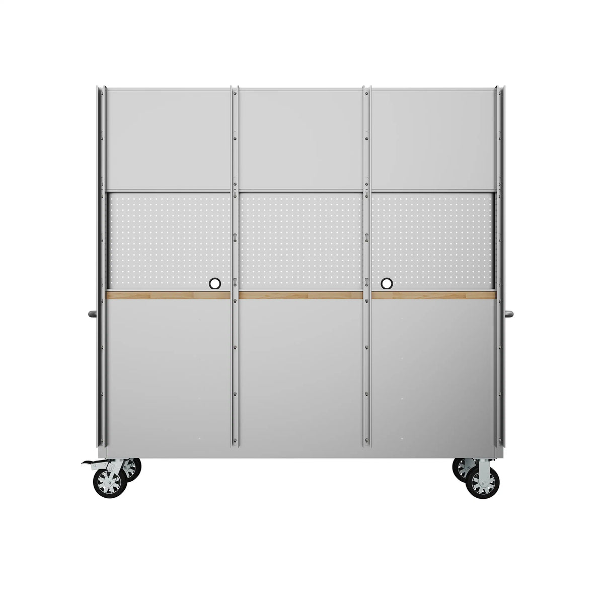 Back of gray mobile tool workbench with three doors, perforated panel, and casters