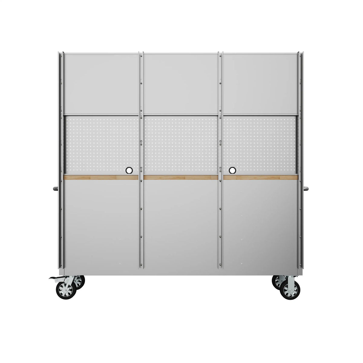 Gray mobile tool workbench back view with door panels over perforated pegboard and wheels