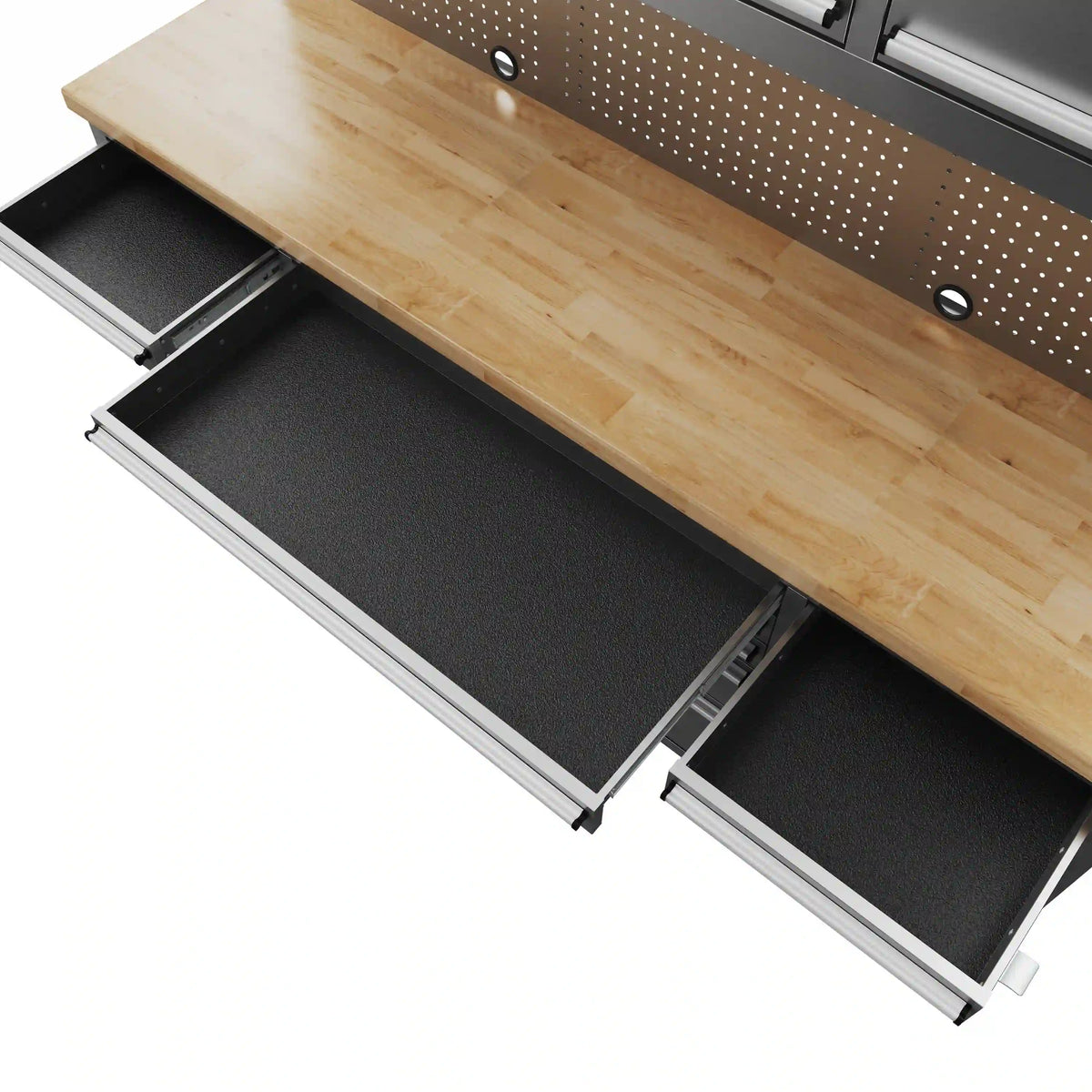 Mobile tool workbench with wooden top and open drawers, black drawer interiors
