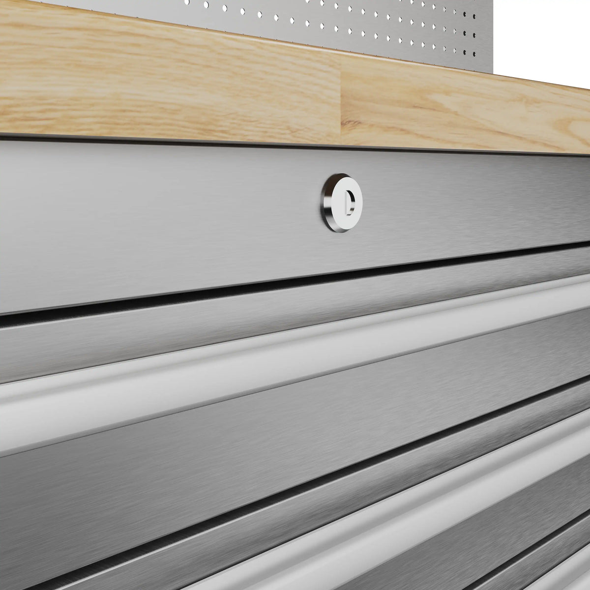 Metal tool workbench drawer with round chrome handle and lock, gray finish