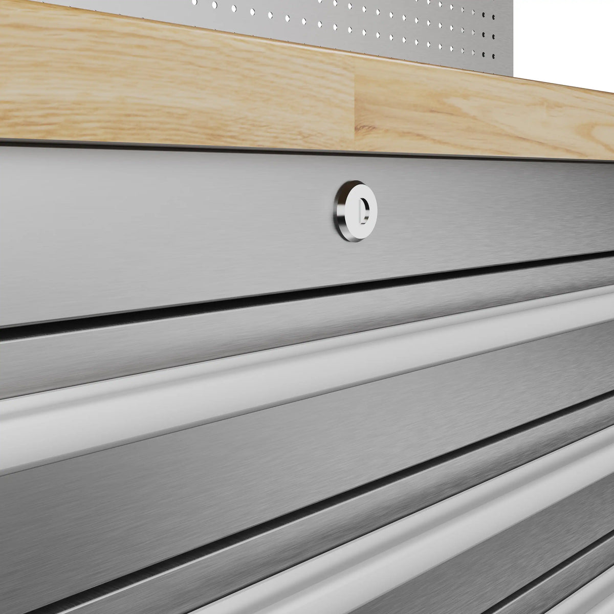 Tool workbench drawer front with round chrome handle and dark drawer pull strip