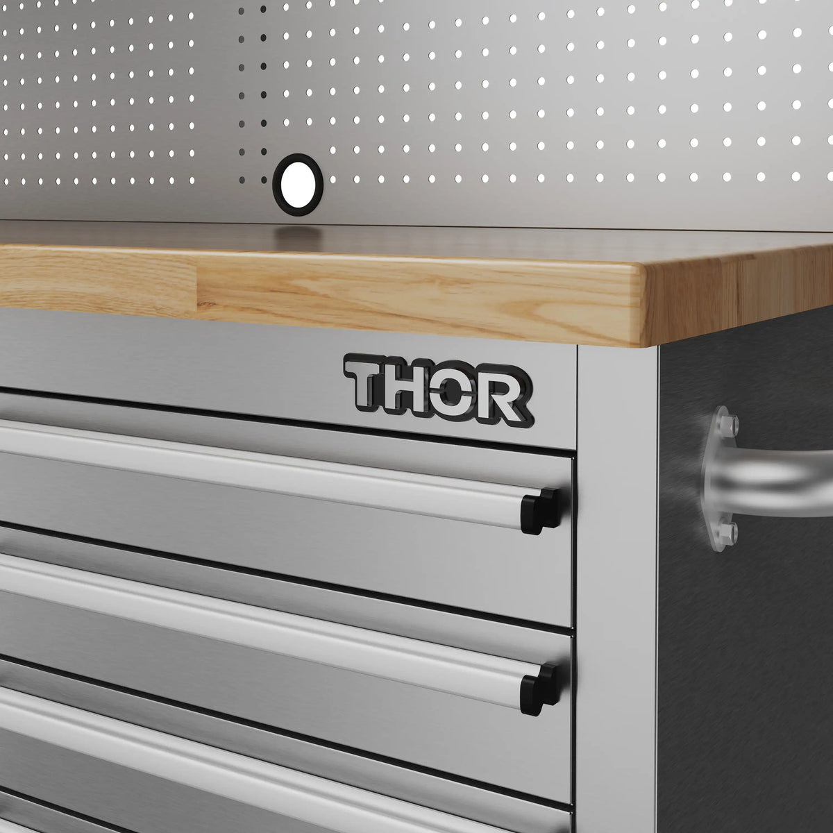 Tool workbench drawer unit with THOR logo on white panel and black pull handles