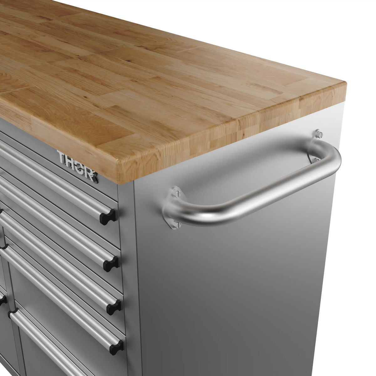 Grey mobile tool workbench with wood top, curved handle, and drawer knobs