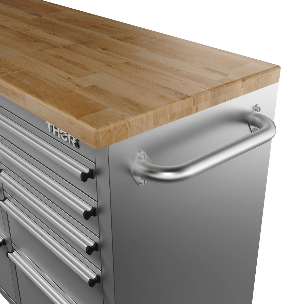 Grey tool workbench with wood top and stacked drawers with black pull handles