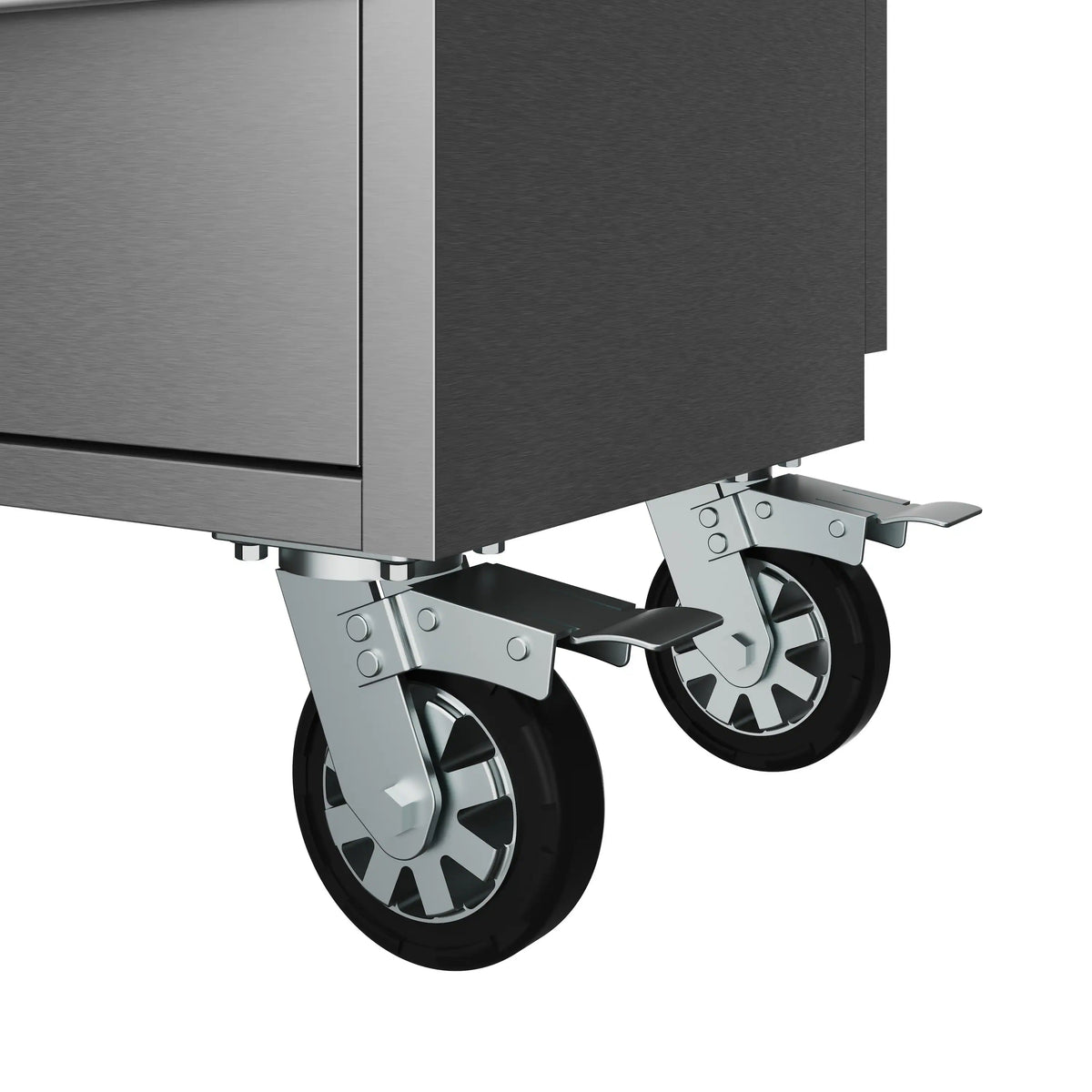 Mobile tool workbench with caster wheels and metal base corner bracket