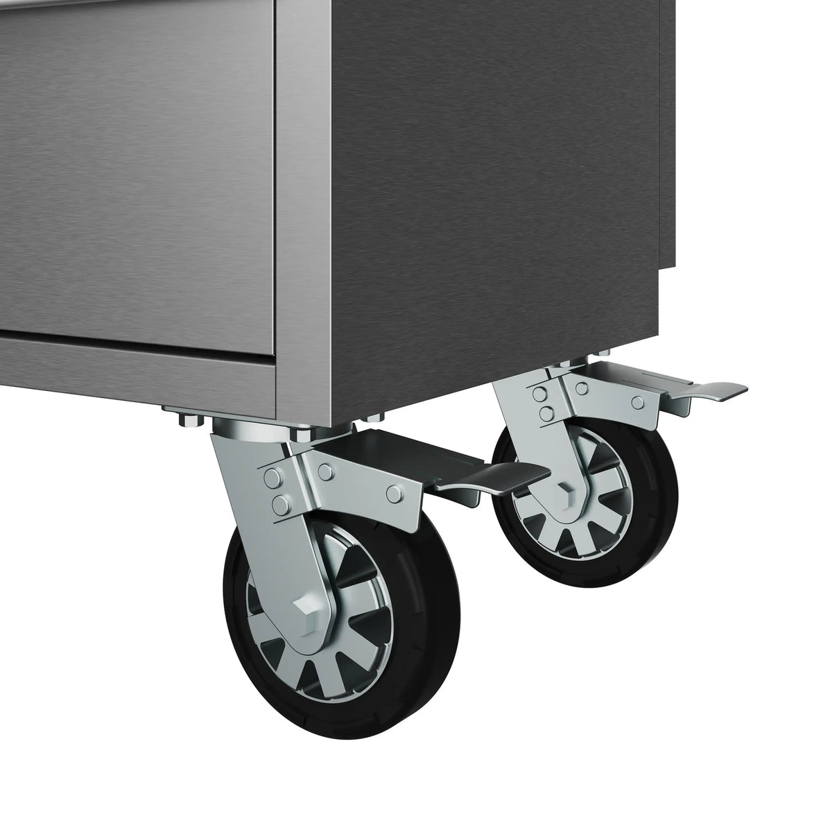 Mobile tool workbench with two swivel caster wheels and metal corner support
