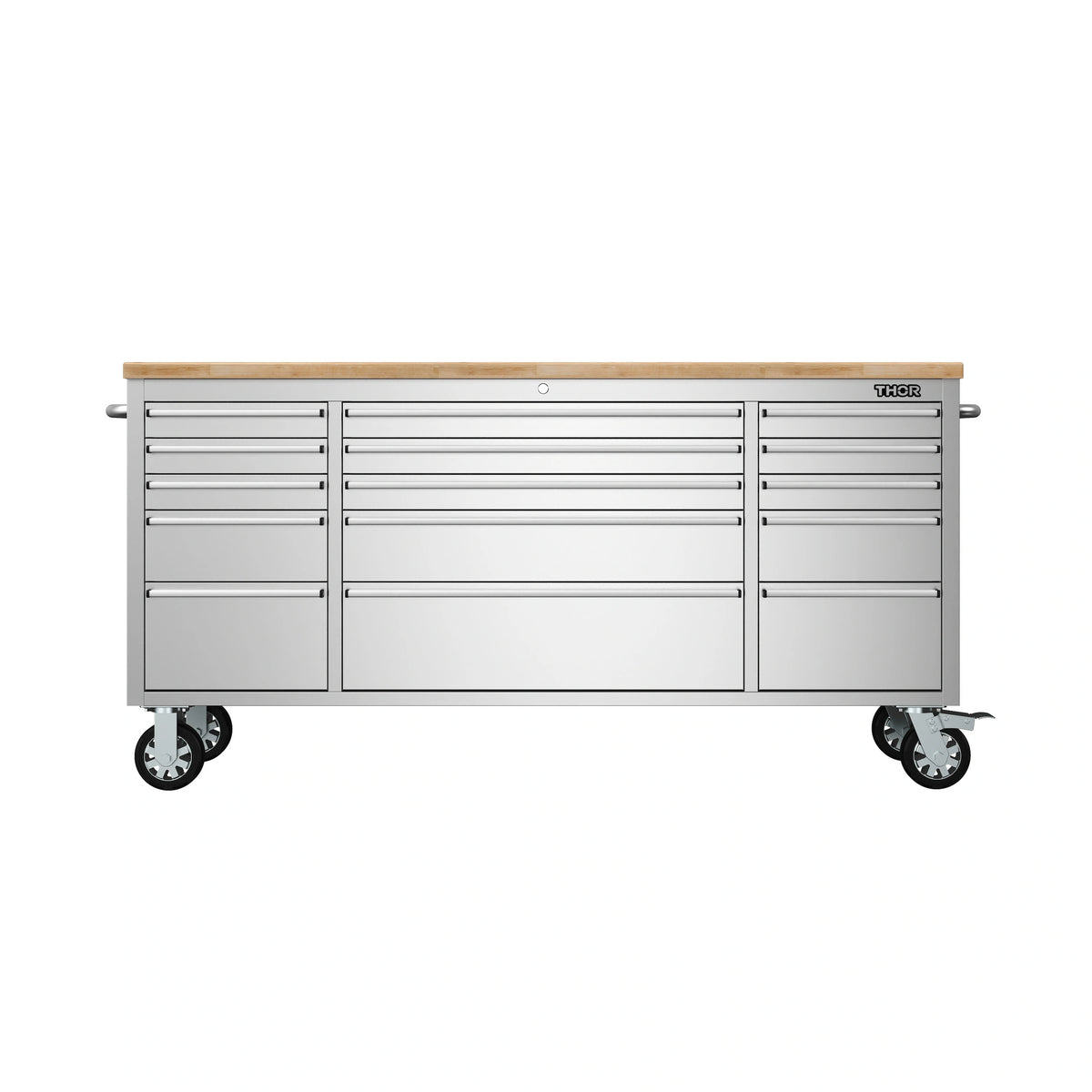 Mobile tool workbench with wood top, 15 drawers, and four caster wheels, gray cabinet