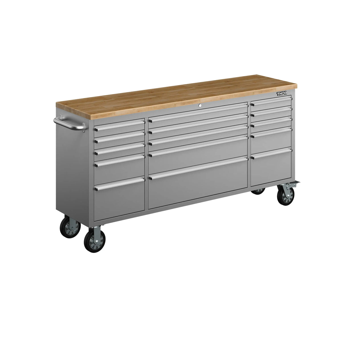 Rolling tool workbench with wood work surface, drawer banks, and four caster wheels