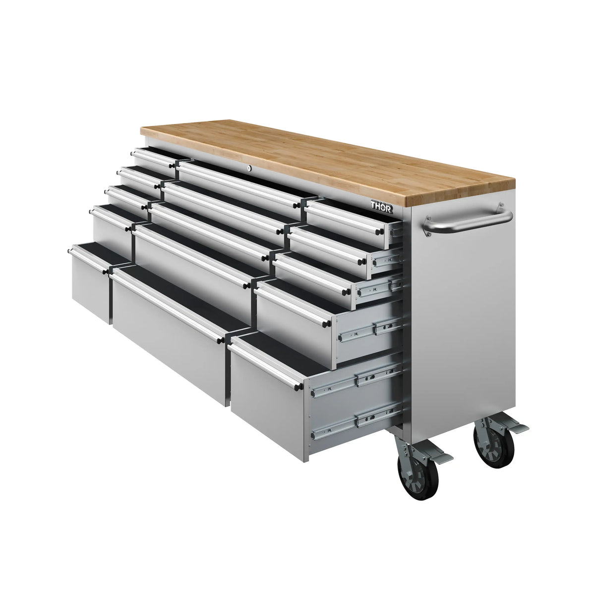 Mobile tool workbench with wood top, 15 drawers, and caster wheels