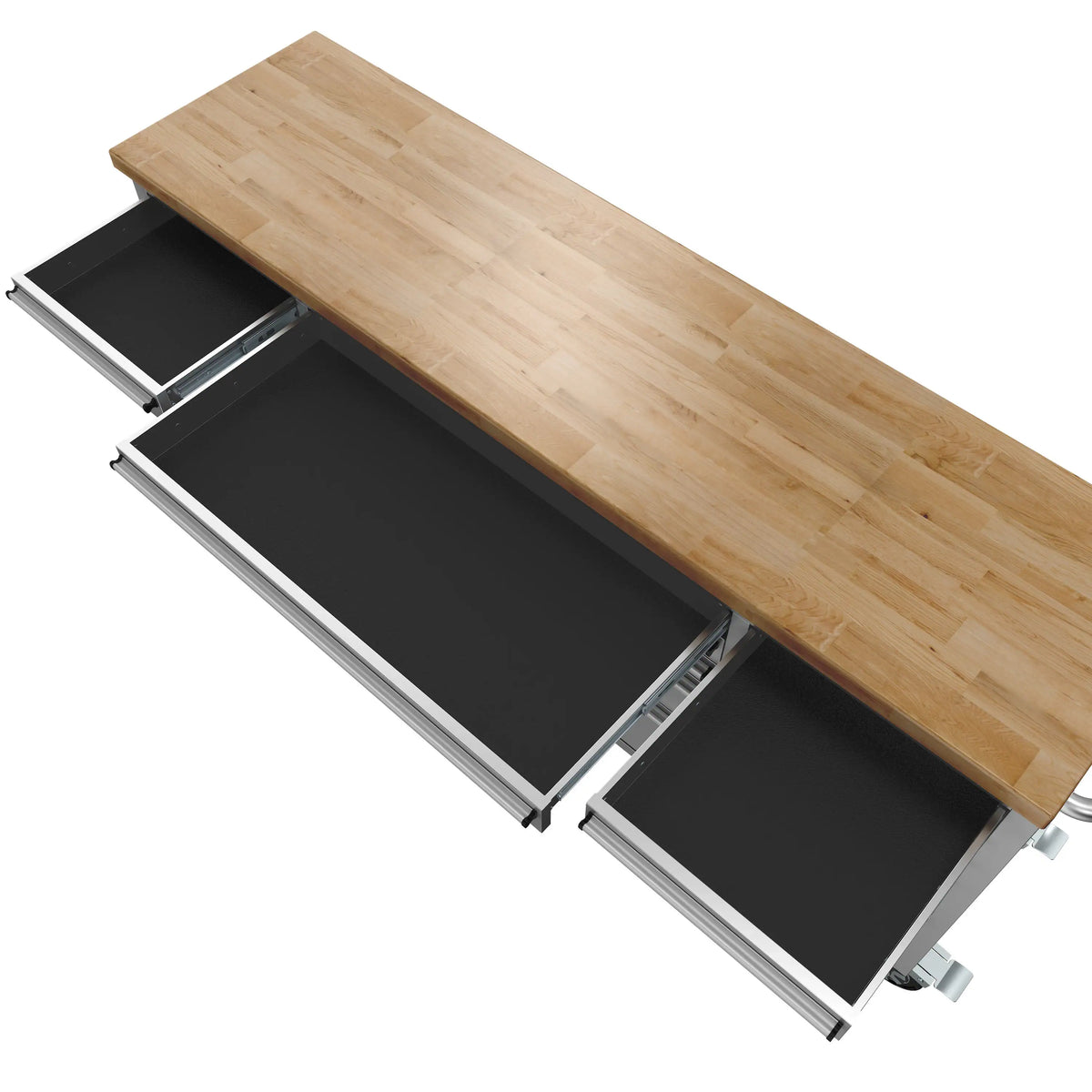 Mobile workbench with wood top and open drawers showing dark interiors