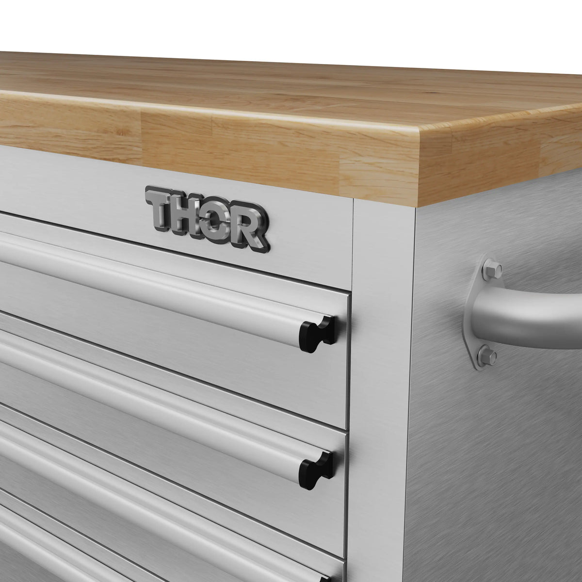 THOR-branded drawer front with black pulls and curved transport handle