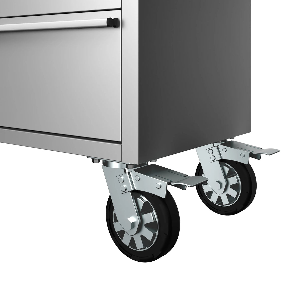 Tool workbench caster wheels with swivel supports under the cabinet