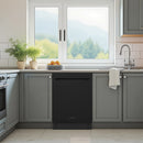 Built-in black 24-inch top-control dishwasher with front access panel and handle.
