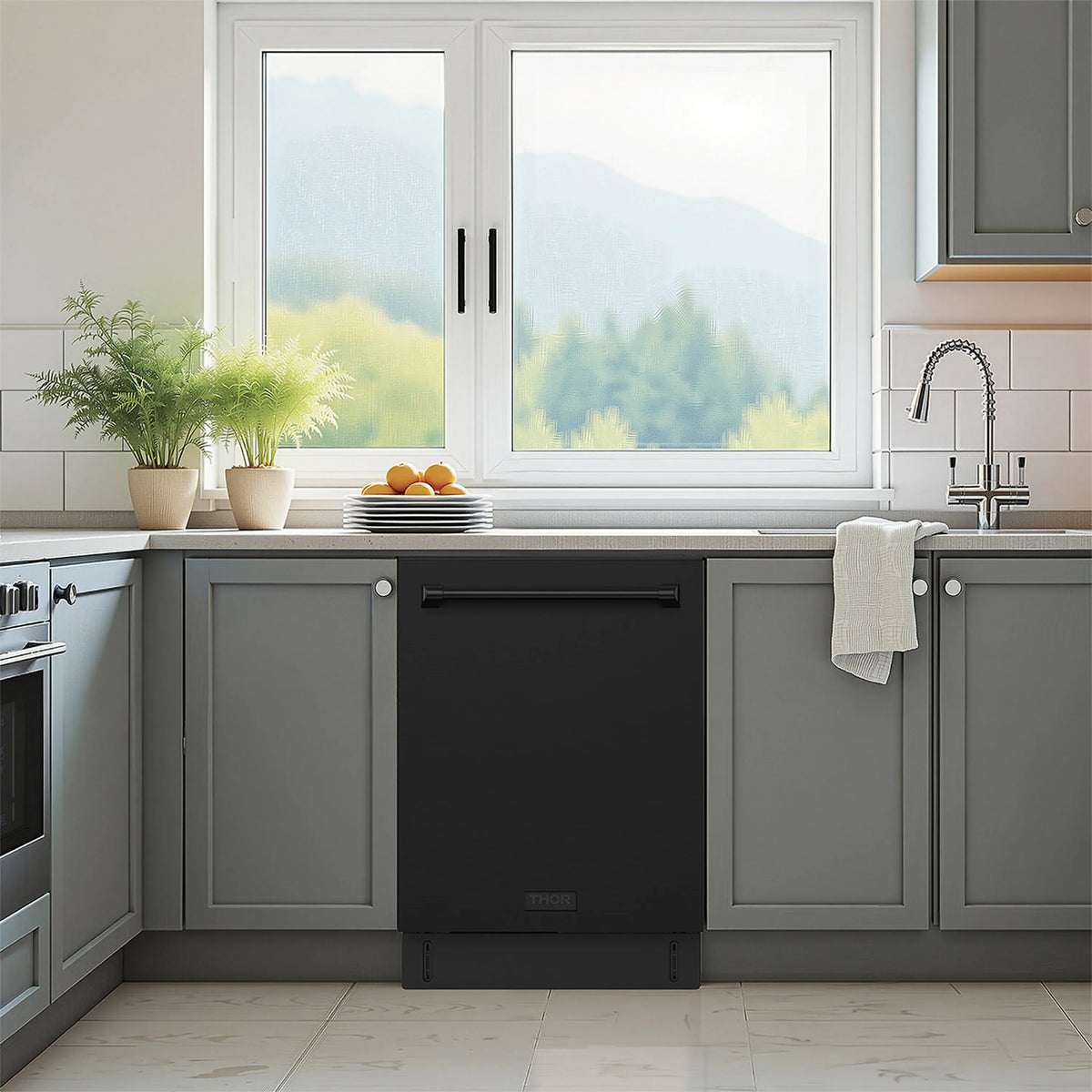 Built-in Thor dishwasher installed under kitchen counter with dark cabinet doors