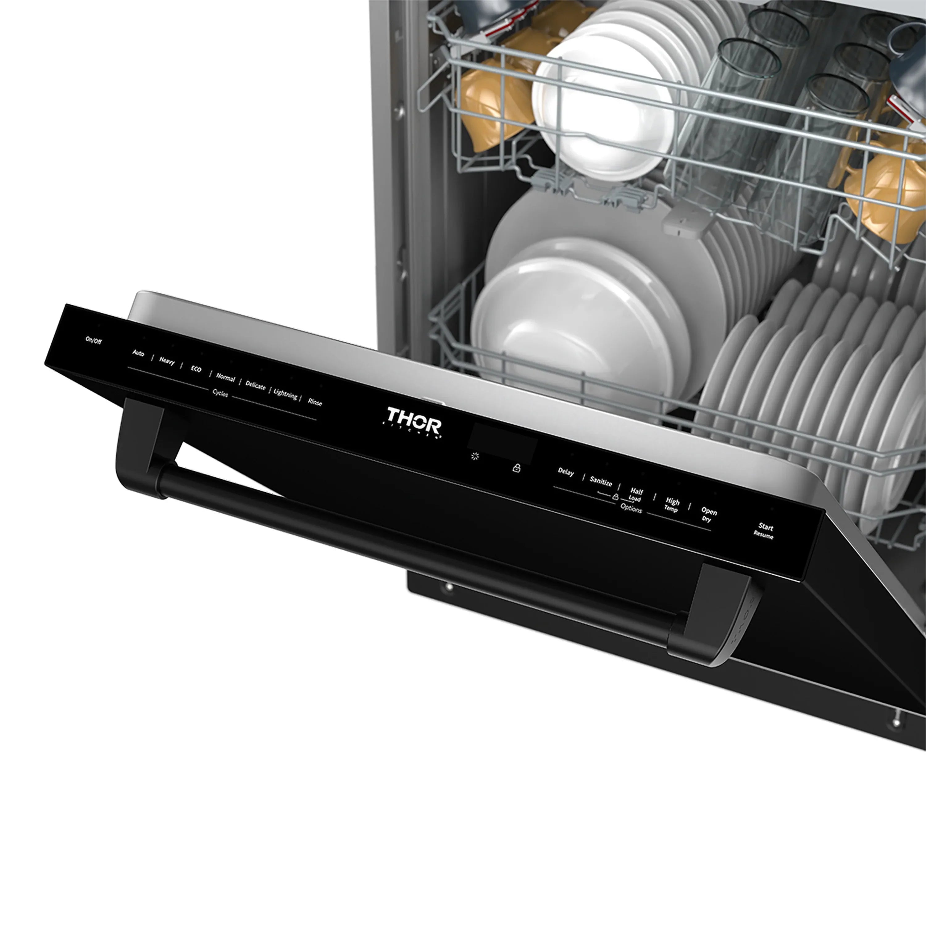 Black dishwasher door open, interior view with wire racks and dishware