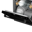 Black front control panel on an open built-in dishwasher door with THOR logo.