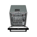 Open black built-in dishwasher showing stainless racks and interior tub.