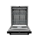 Open black dishwasher with empty racks and lower spray arm visible.