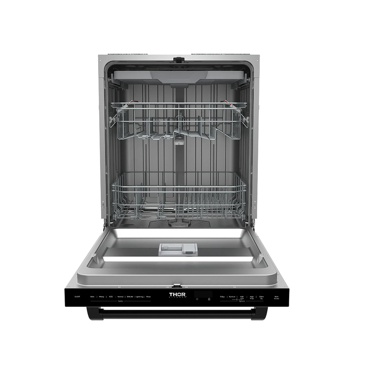 Black Thor dishwasher door open, front racks and tub interior