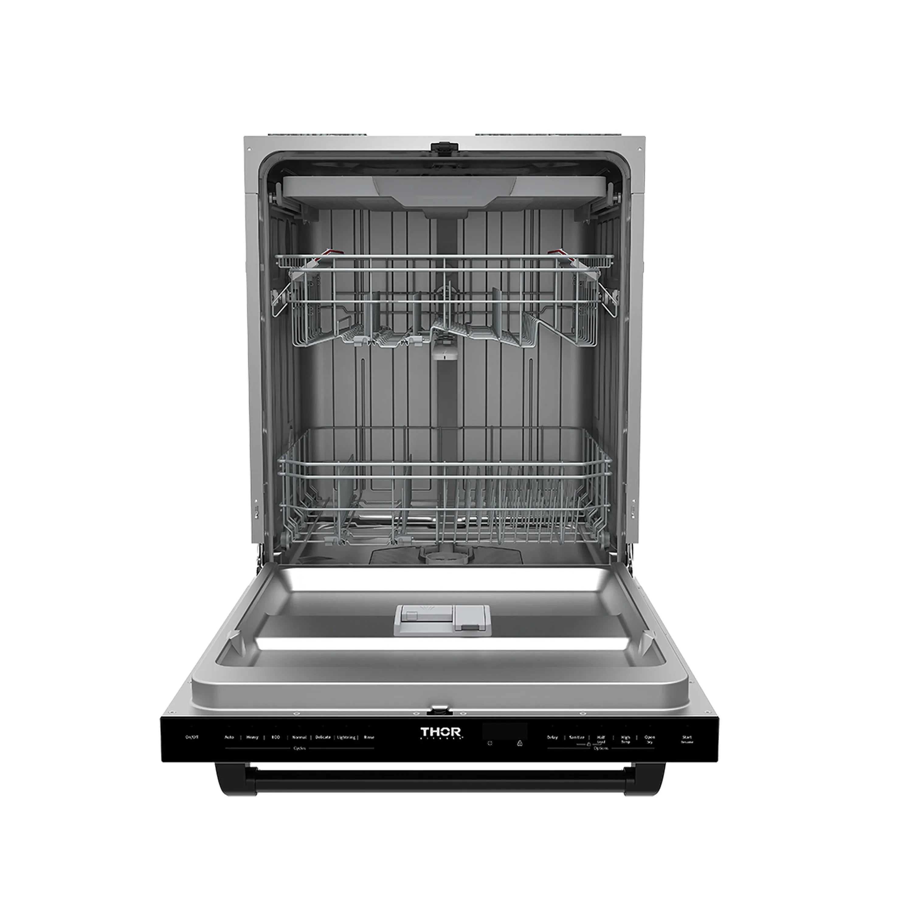 Open dishwasher with upper and lower racks loaded and door fully extended