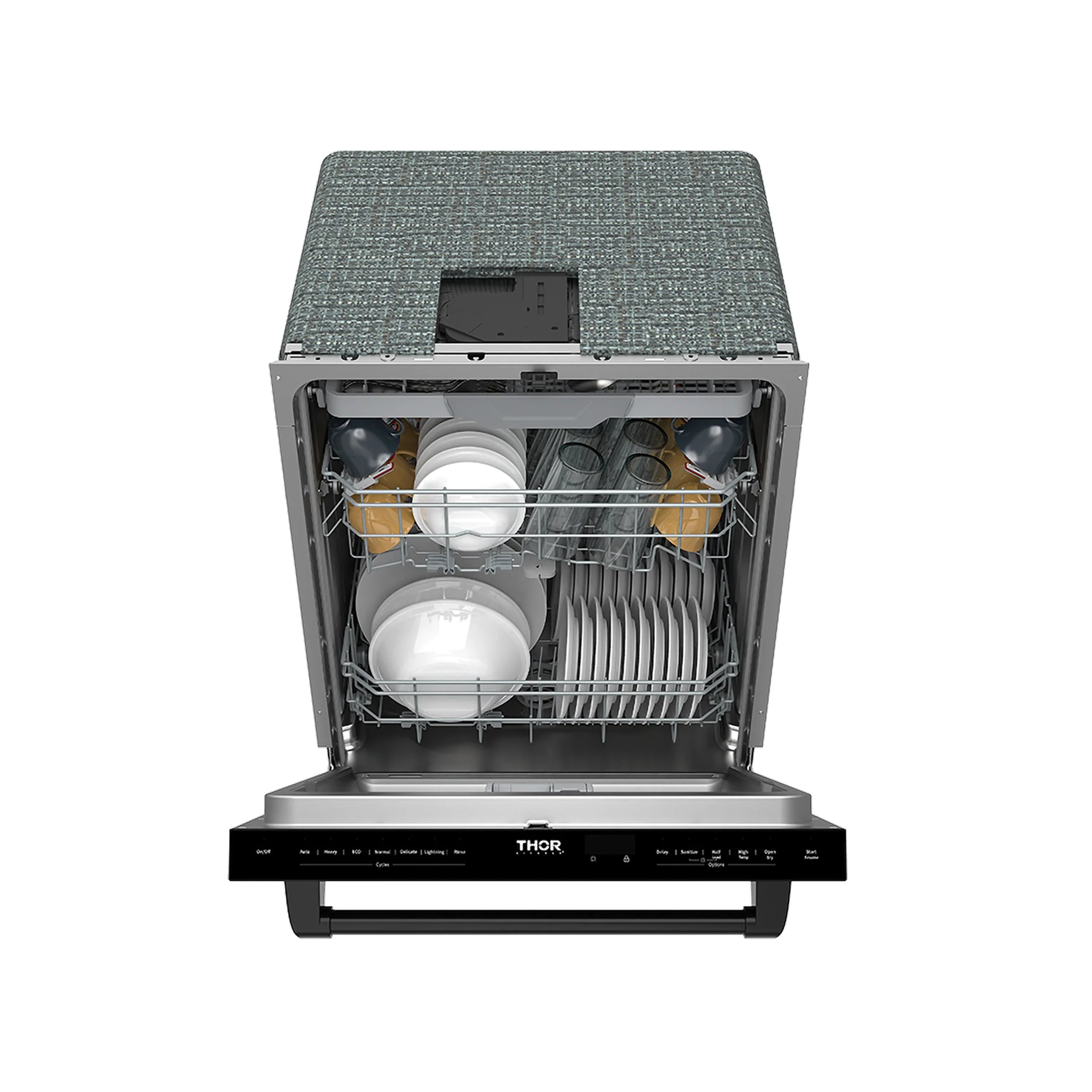 Black dishwasher interior with placed dishes, spray arms, and rack supports