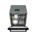 Open black dishwasher with white plates in top and bottom racks.