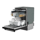 24-inch built-in dishwasher, black finish, open door with racks and dishes inside