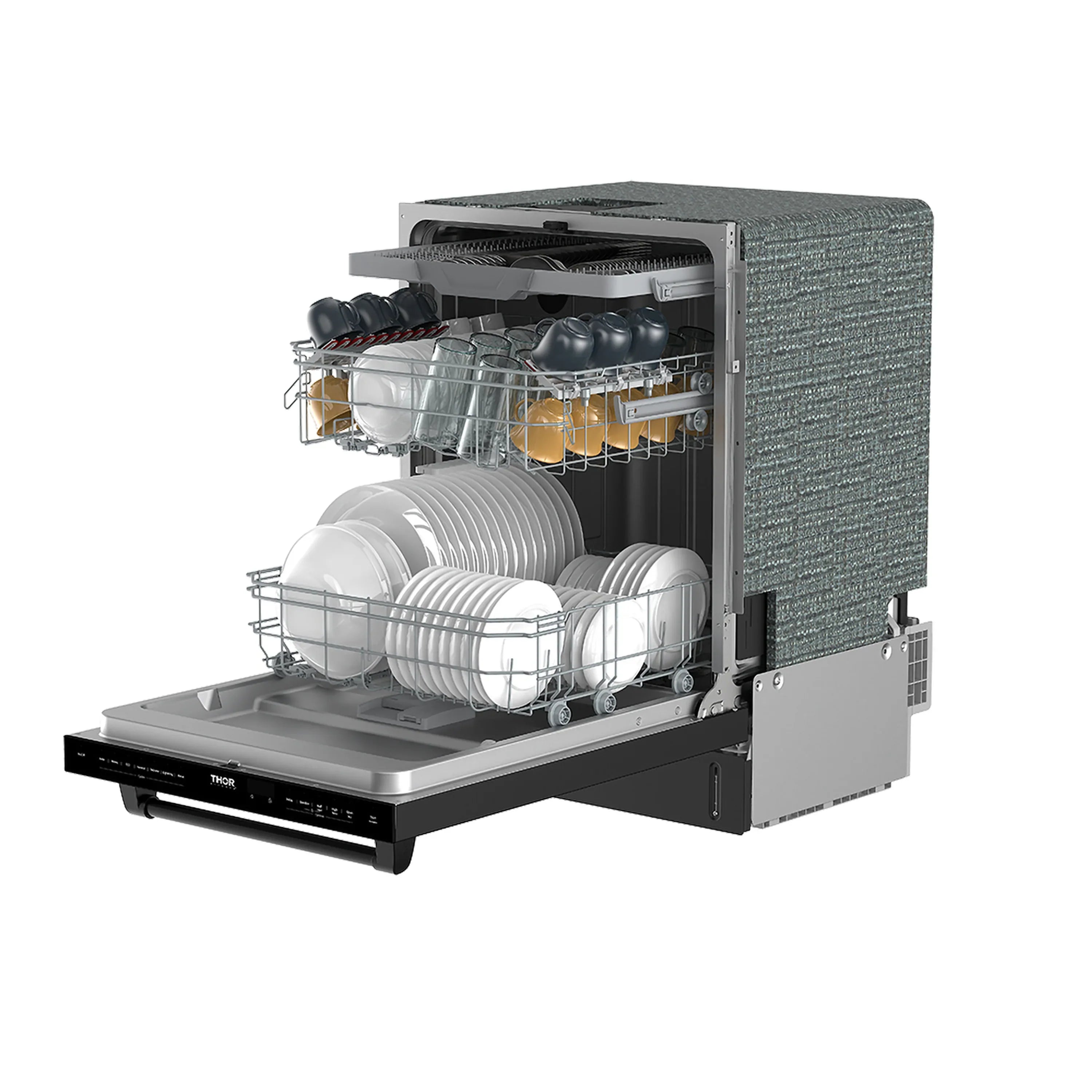 Dishwasher with door open, upper and lower racks with plates and cups, gray textured sides