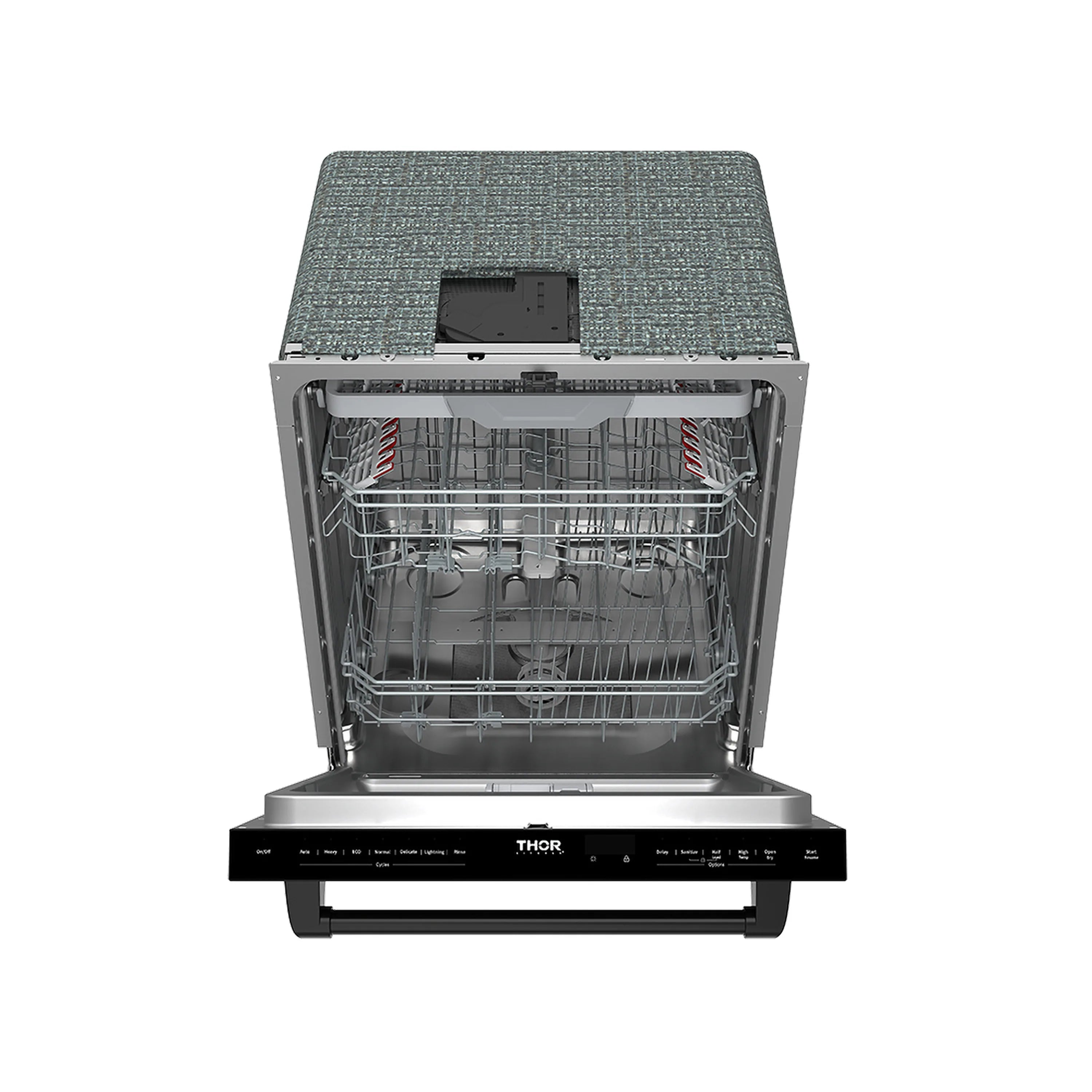 Open black dishwasher interior with stacked racks and dishware placement.