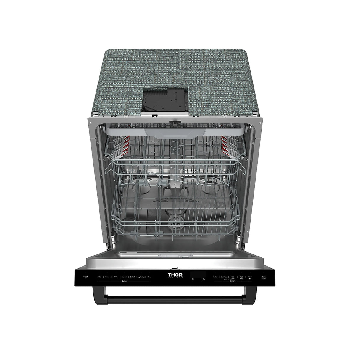 Thor built-in dishwasher open, showing upper rack and empty stainless interior