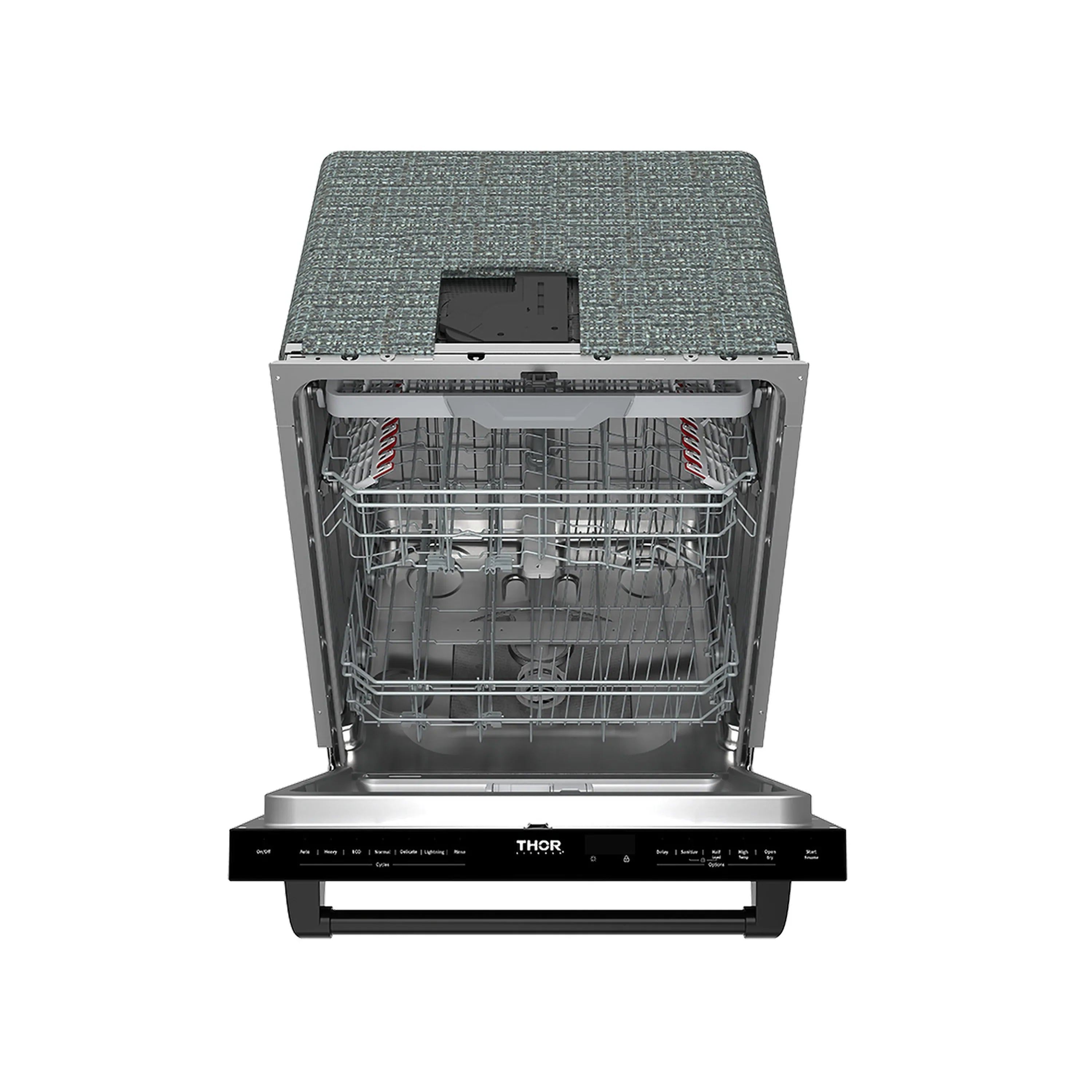 Black dishwasher with door open, showing interior racks and wash spray area
