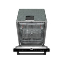 Open black dishwasher interior with stacked racks and dishware placement.
