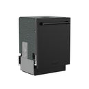 Black built-in dishwasher side view showing control door edge and vent panel.